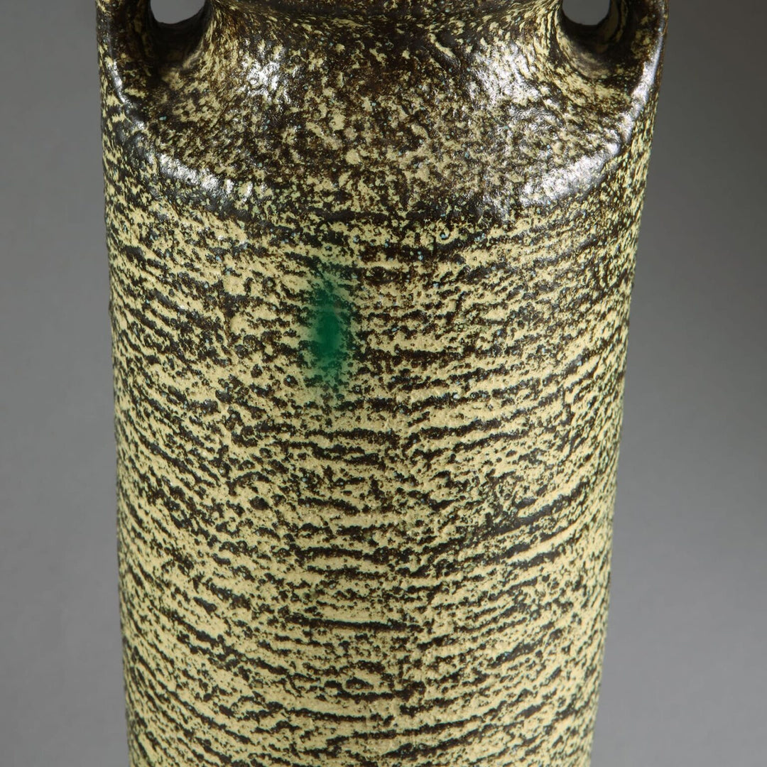 Two Volcano Vases Mounted as Table Lamps with textured volcanic glaze and dual amphora design circa 1960.