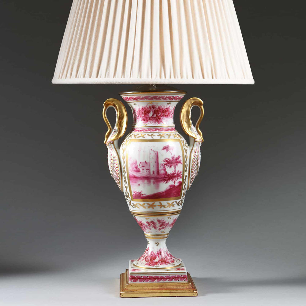 Paris Porcelain Pink and Gold over White Glazed Porcelain Vase Mounted as a Table Lamp with a pleated shade