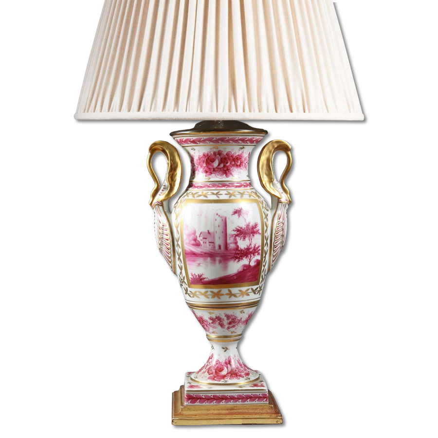 Paris Porcelain Pink and Gold over White Glazed Porcelain Vase Mounted as a Table Lamp with pleated shade