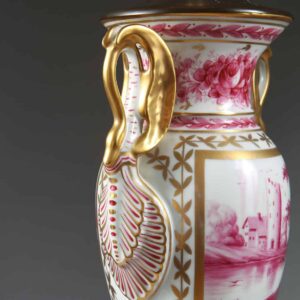 Paris Porcelain Pink and Gold over White Glazed Porcelain Vase Mounted as a Table Lamp with ornate handle and floral details