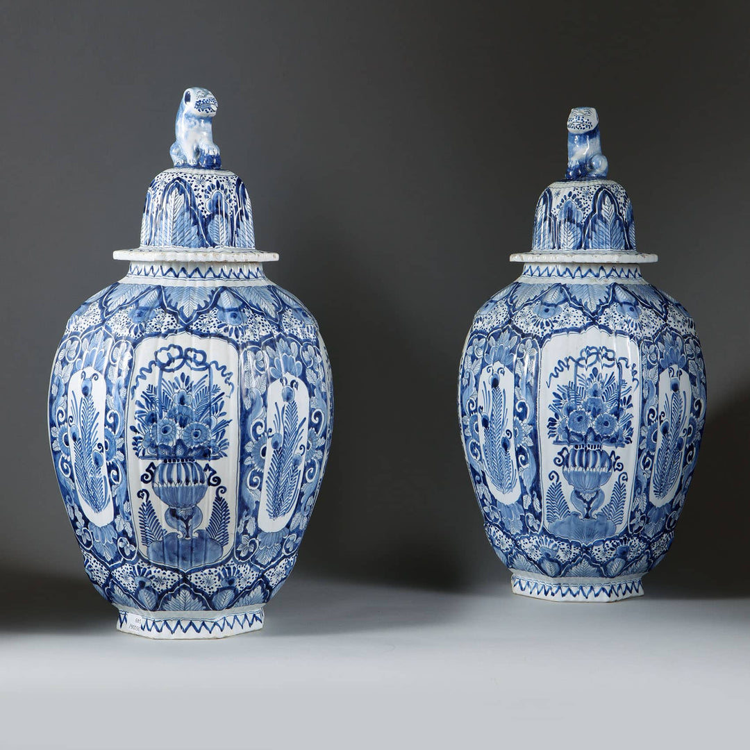 Pair of Large 19th Century Delft Pottery Blue and White Vases and Covers