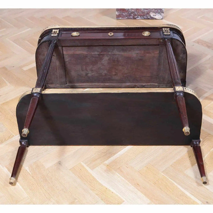 PAIR LOUIS XVI MAHOGANY CONSOLE DESSERTS with fluted legs, brass accents, and marble top, circa 1800 France.