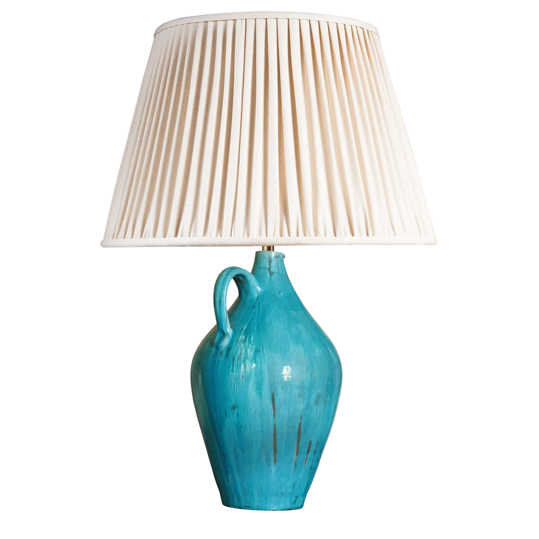 Fantoni Turquoise Glazed Jug Table Lamp with mid century pottery ewer base and classic cream pleated shade.