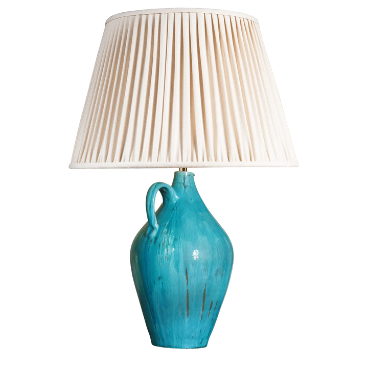 Fantoni Turquoise Glazed Jug Table Lamp with mid century pottery ewer base and classic cream pleated shade.