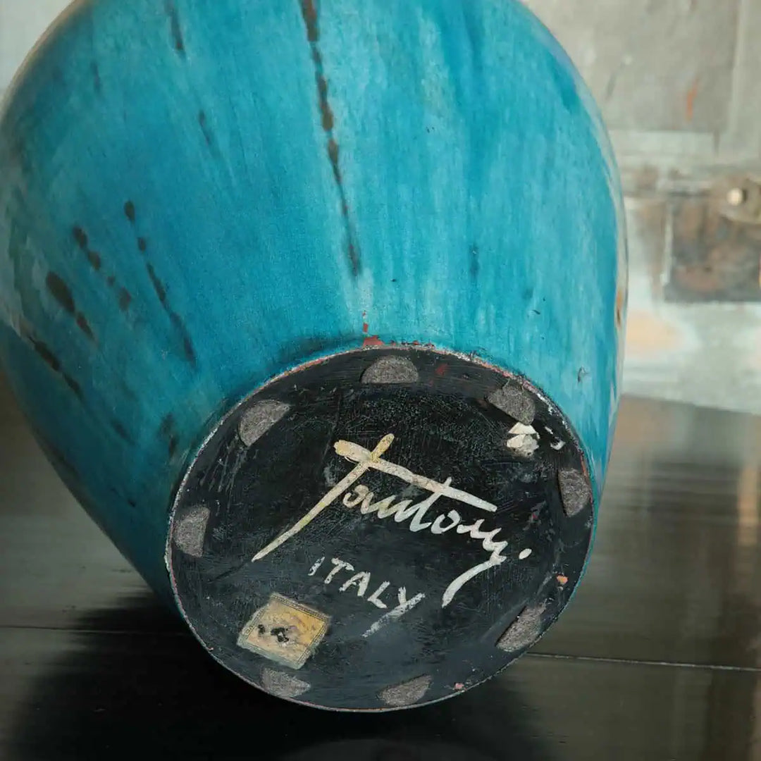 Fantoni Turquoise Glazed Jug | Table Lamp showing the signature and Italy mark on the base of the ceramic jug.