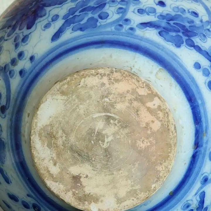 Spanish Blue and White Table Lamp with a spherical vase design, narrow neck, and circular base in blue and white pattern.