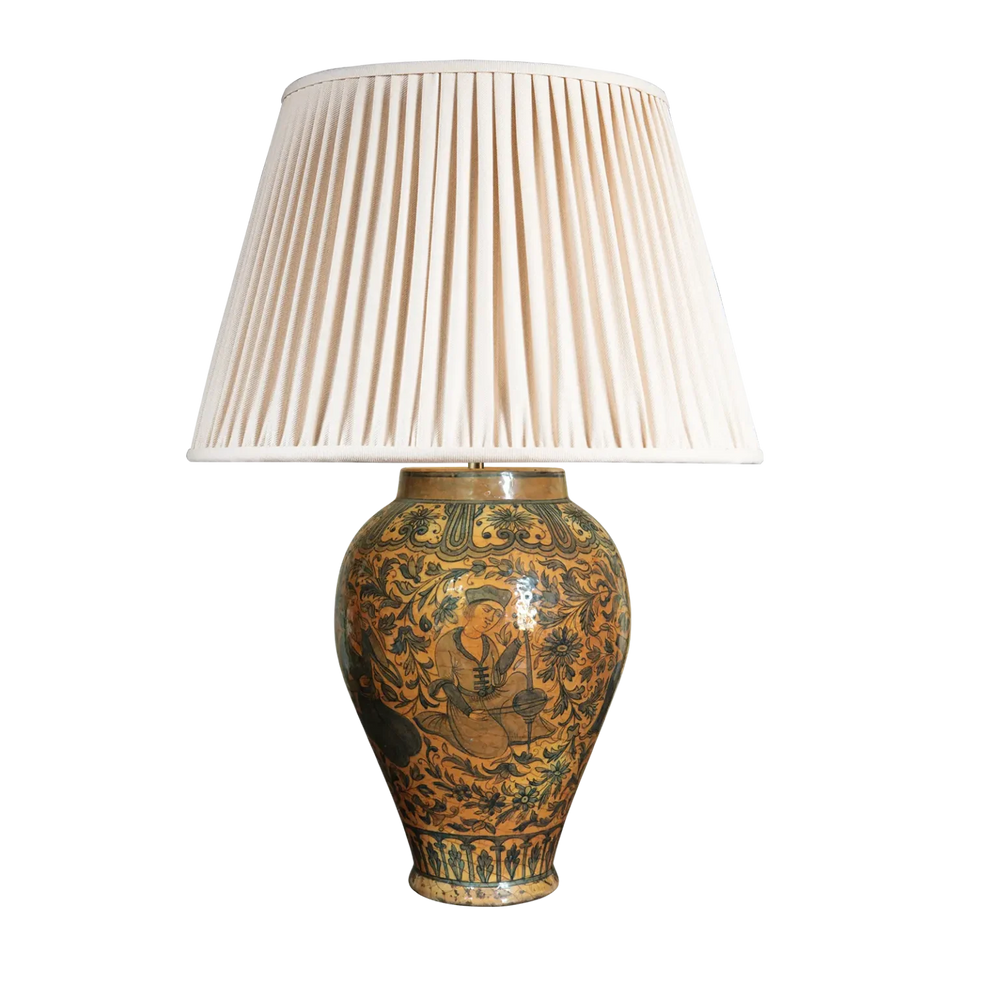 19th Century Qajar Vase Table Lamp with umber and blue glaze, decorated with court figures and floral motifs.