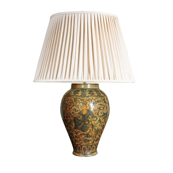 19th Century Qajar Vase Table Lamp with umber and blue glaze depicting court figures and foliage, Persia circa 1875.