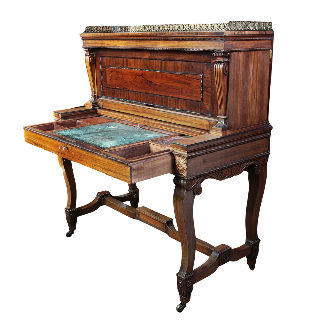 19th Century Rosewood Bureau Cabinet Gillows with satinwood pigeon holes, secret drawers, cabriole legs, and brass castors circa 1850.
