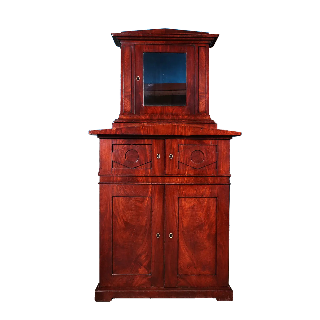 Berlin Empire Corner Cabinet, early 19th century flame mahogany, classical design with glazed and double doors, shelved interior.