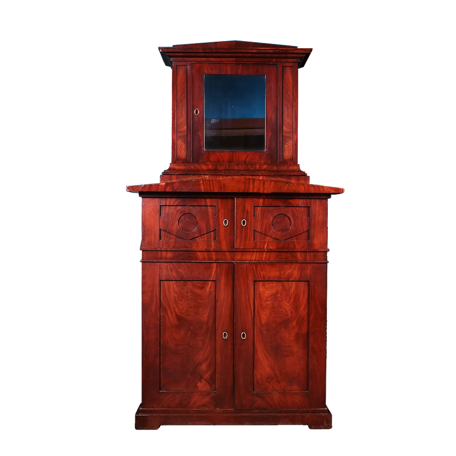 Berlin Empire Corner Cabinet, early 19th century flame mahogany, classical design with glazed and double doors, shelved interior.