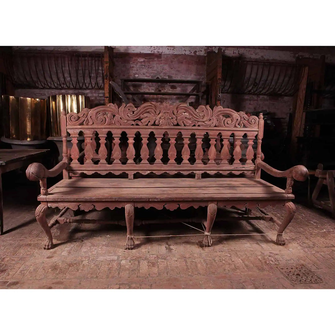 Pair of hand-carved Indo Portuguese long benches with zoomorphic legs and scroll arms from Collection EE30
