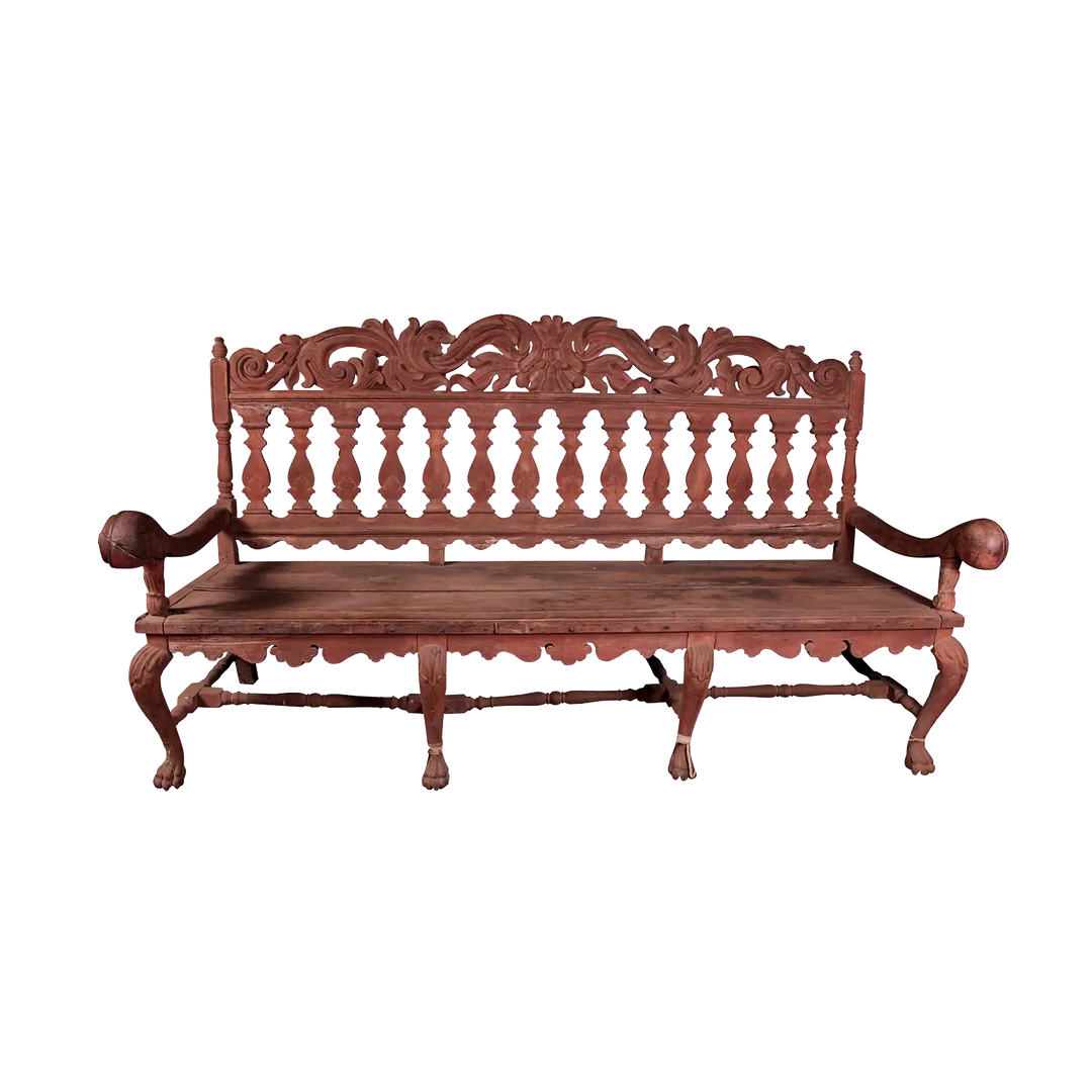 Pair of intricately carved Indo-Portuguese long benches with scroll arms and pierced splat backs by Collection EE30