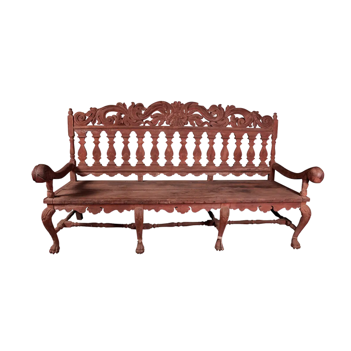 Pair of intricately carved Indo-Portuguese long benches with scroll arms and pierced splat backs by Collection EE30