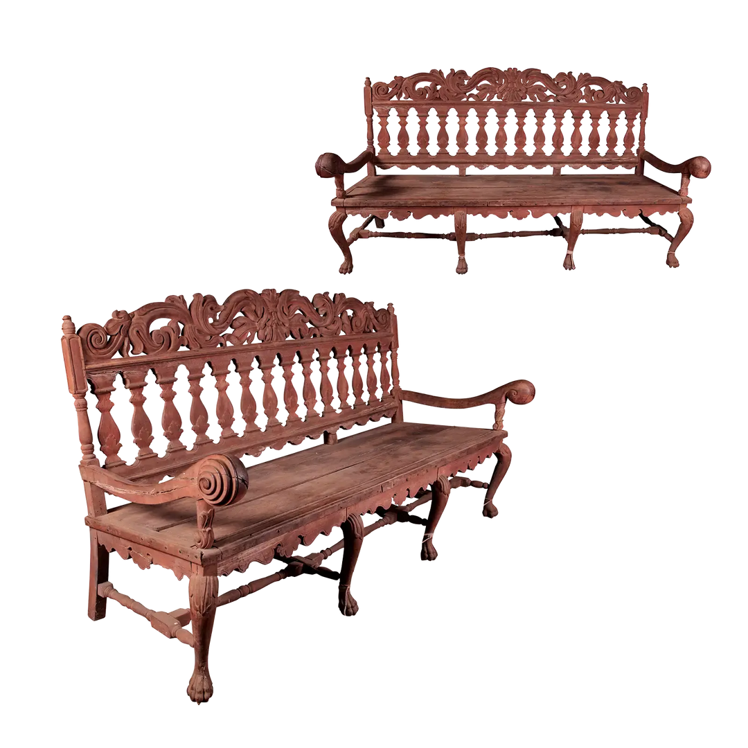 Pair of intricately carved Indo Portuguese long benches with scroll arms by Collection EE30, vintage hardwood seating