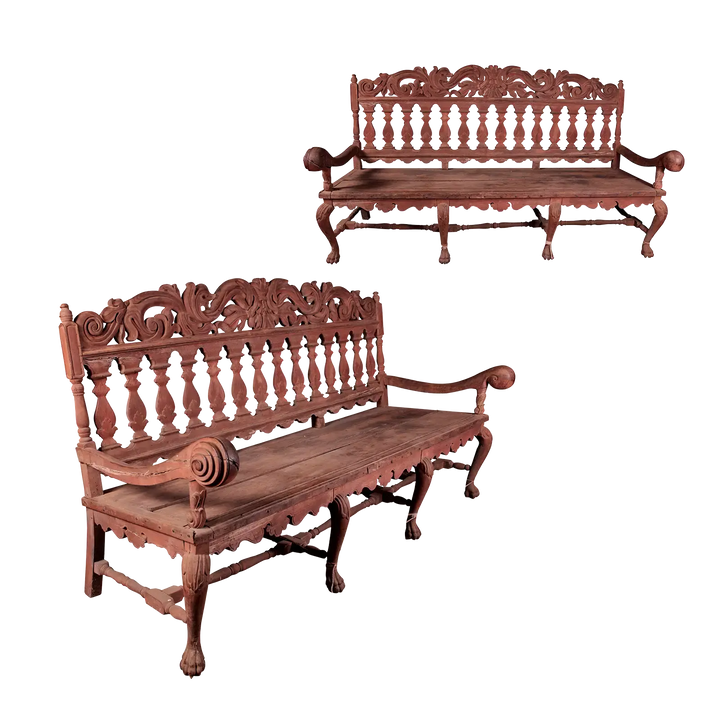 Pair of intricately carved Indo Portuguese long benches with scroll arms by Collection EE30, vintage hardwood seating