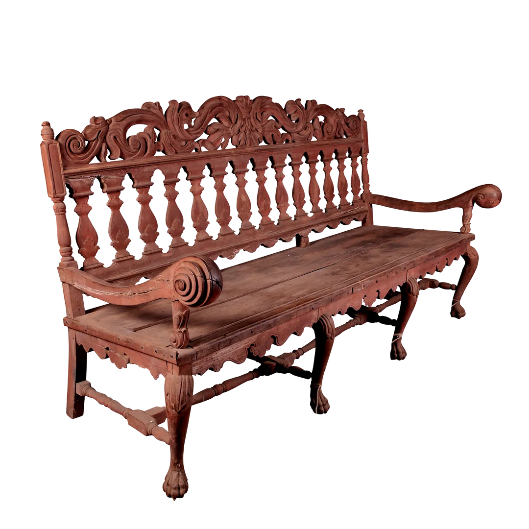 Pair of intricately carved Indo-Portuguese long benches with scroll arms and zoomorphic legs by Collection EE30