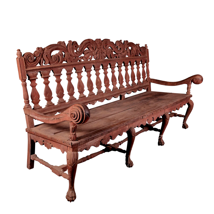 Pair of intricately carved Indo-Portuguese long benches with scroll arms and zoomorphic legs by Collection EE30