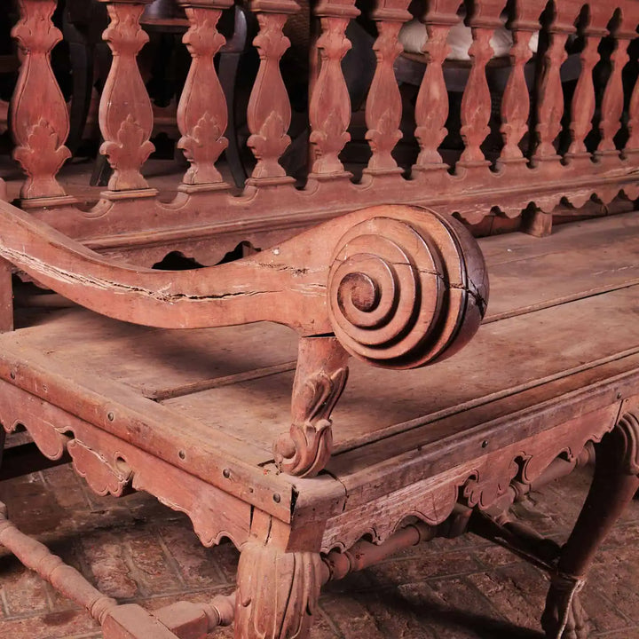 Pair of Indo Portuguese long benches with carved scroll arms and zoomorphic legs by Collection EE30