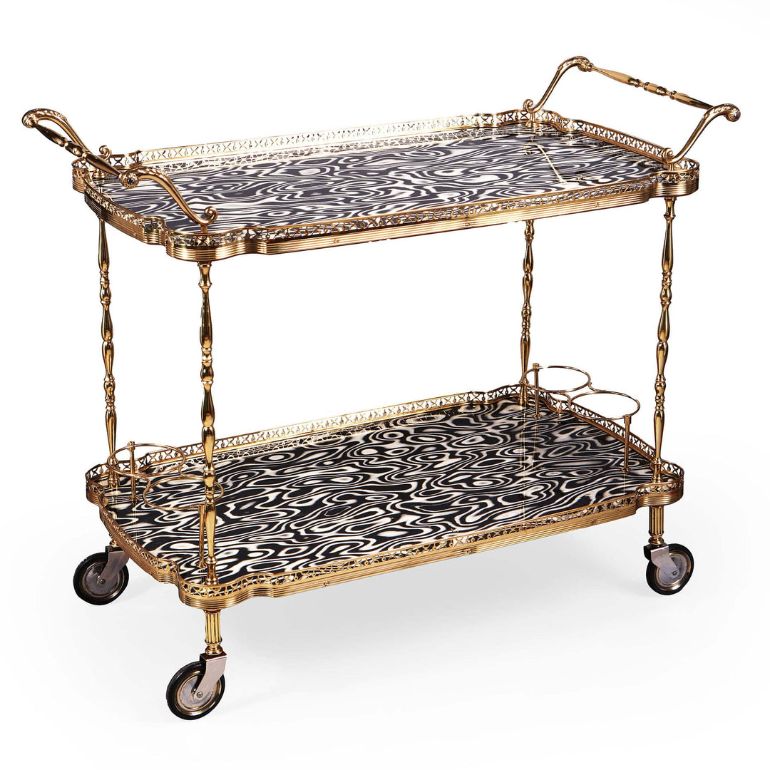 Mid century brass and lacquer two tier tray table drinks trolley