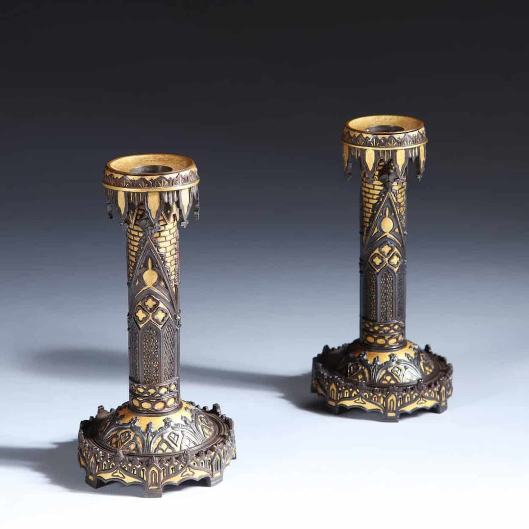 A pair of Gothic damascened candlesticks Teodoro Ybarzabal, Eibar