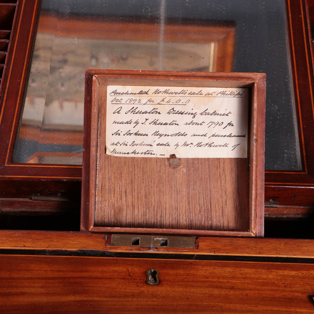 Close-up of handwritten provenance label inside George III dressing table by Collection NE10 reflecting 18th-century craftsmanship