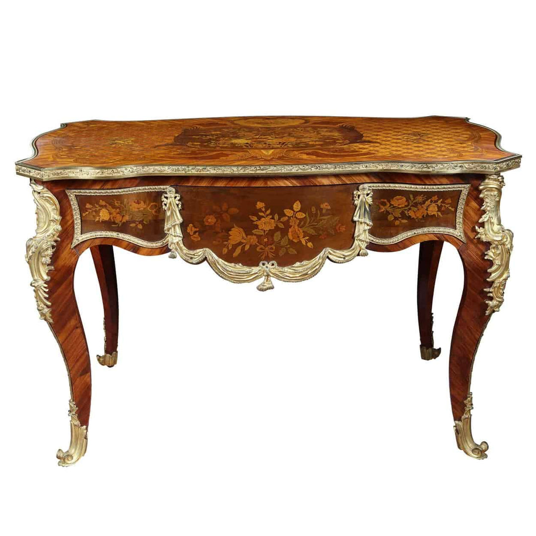 Napoleon III Louis XV Style Marquetry Desk Bureau Plat