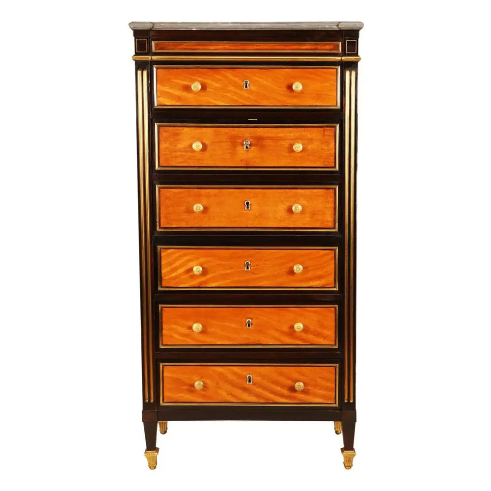 French Directoire Satinwood Secretaire Abattant with brass details and multiple drawers, early 19th century antique furniture.