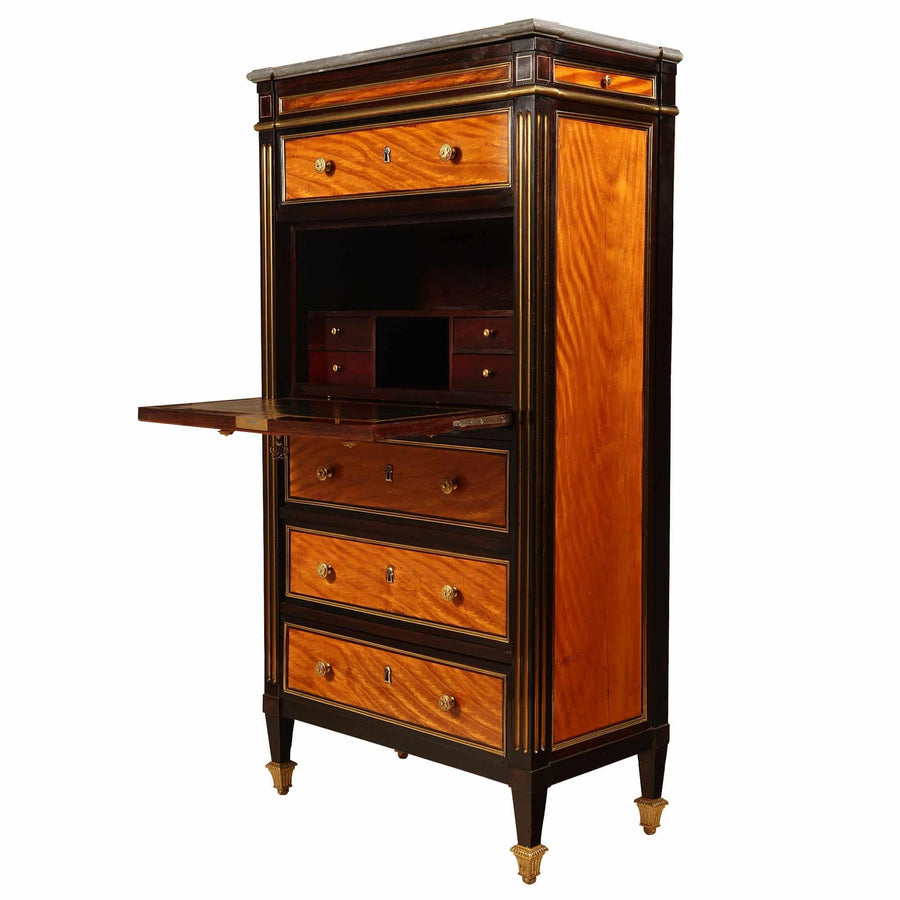 French Directoire Satinwood Secretaire Abattant with brass fluting and rosewood accents, early 19th century design.