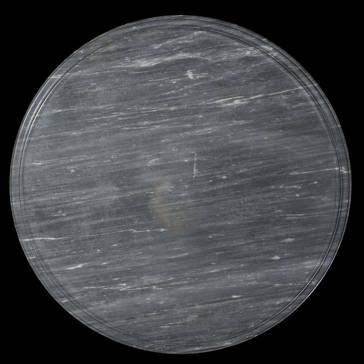 French Polished Steel & Brass Gothic Revolving Centre Table with a revolving Gris St Anne dished marble top.