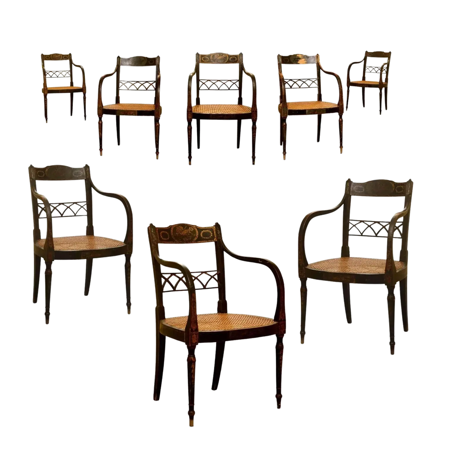 Set of eight Regency japanned armchairs with gilt decoration and cane seats by Collection EE30, circa 1810 England.