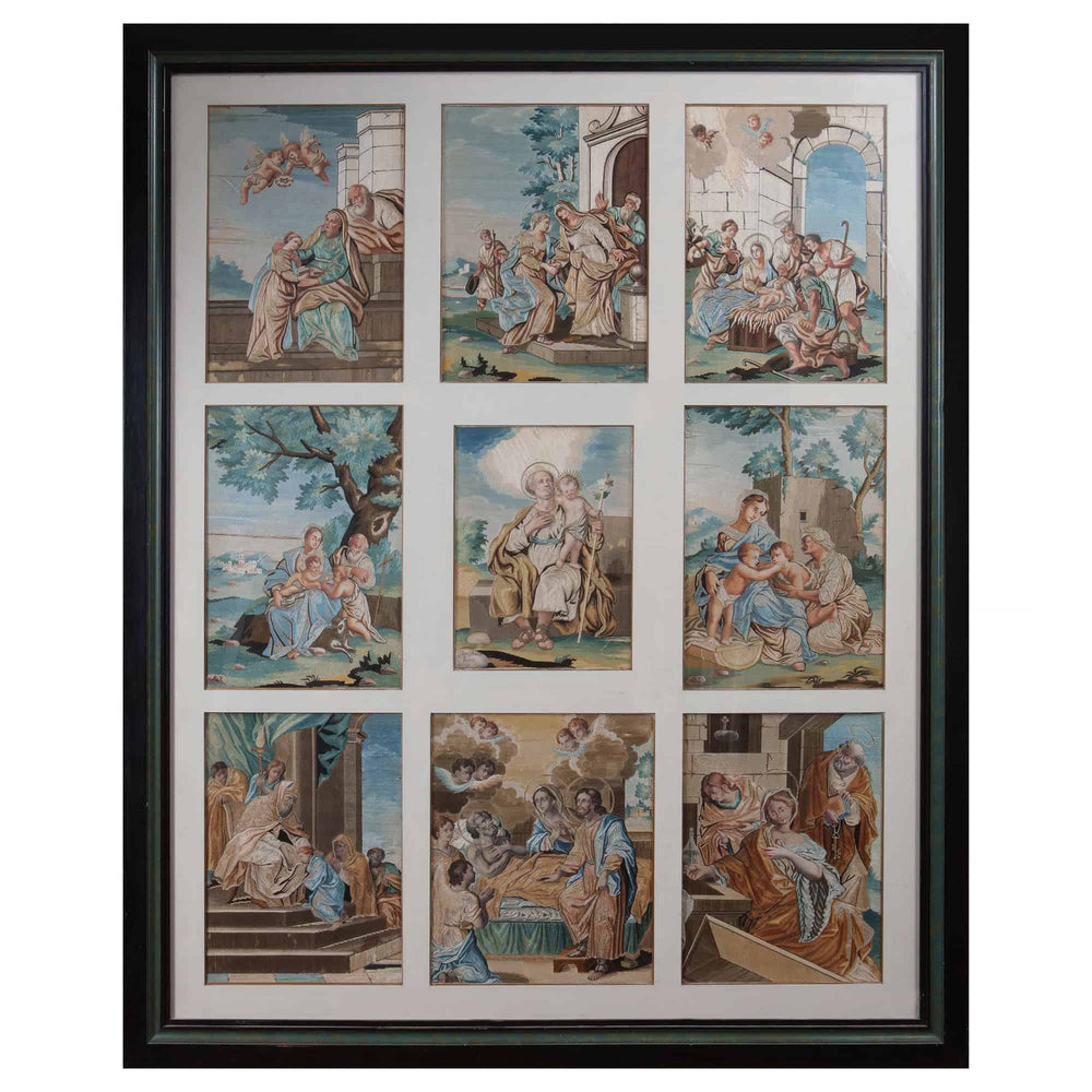 Rare set of nine 18th-century New Testament silk appliqué panels by Marianna Elmo, offered by Nicholas Wells Antiques
