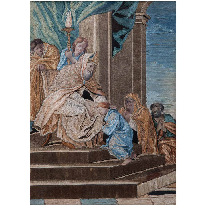 Rare 18th-century silk appliqué panel depicting biblical scene, signed Marianna Elmo, offered by Nicholas Wells Antiques.