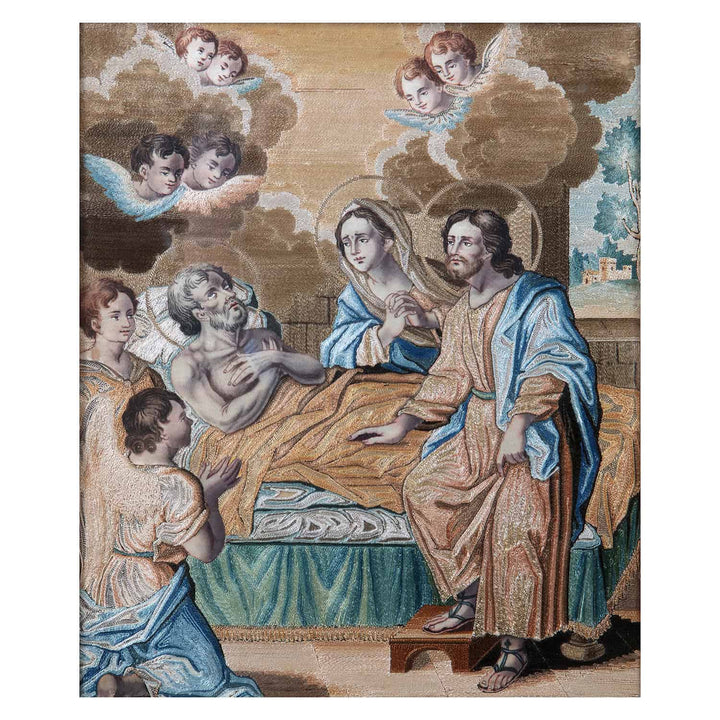 Rare 18th-century silk thread appliqué panel by Marianna Elmo depicting a biblical scene, offered by Nicholas Wells Antiques