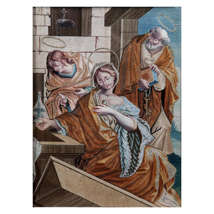 Rare 18th-century New Testament silk appliqué panel by Marianna Elmo, sold by Nicholas Wells Antiques.