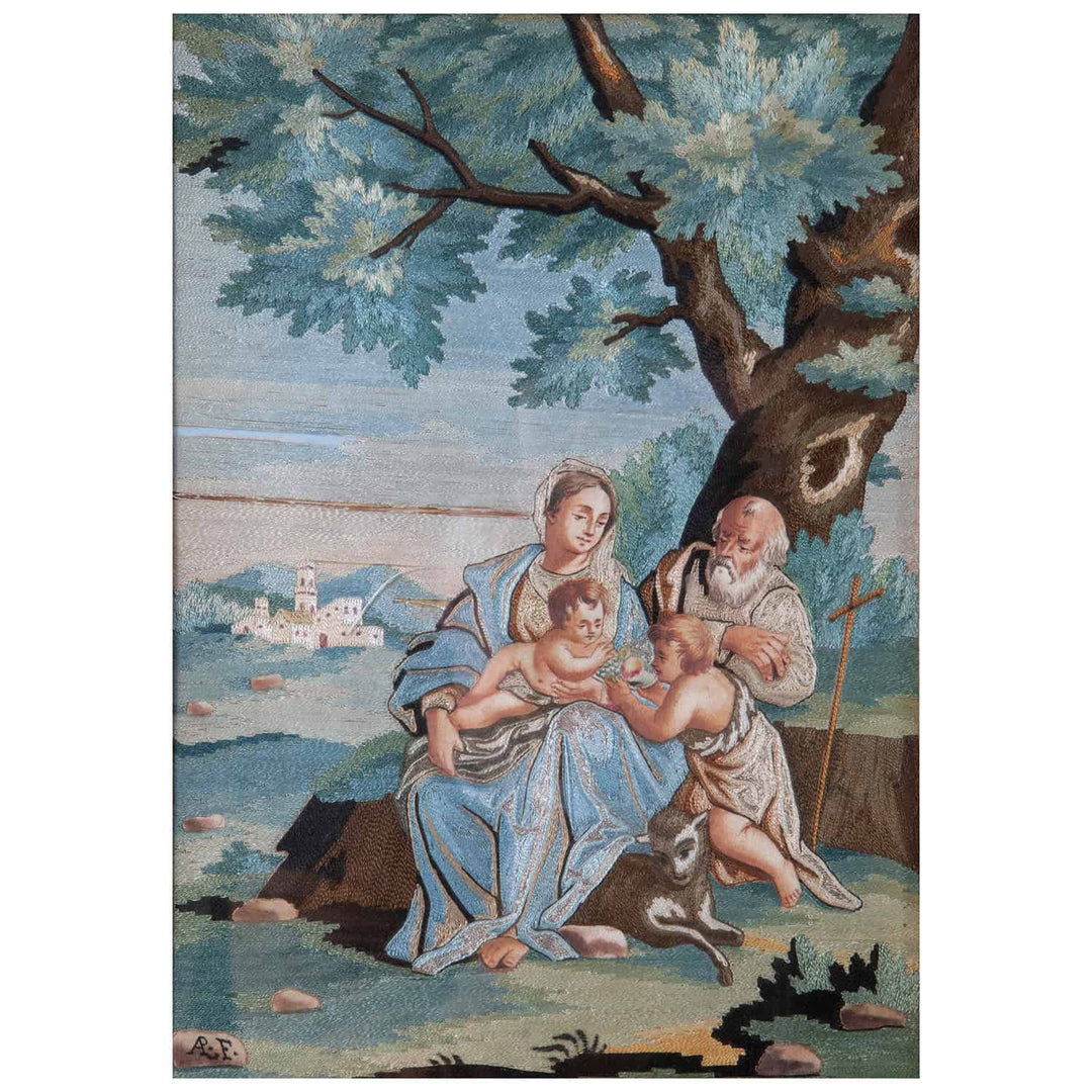 Rare New Testament silk appliqué panel by Marianna Elmo, 18th century, offered by Nicholas Wells Antiques