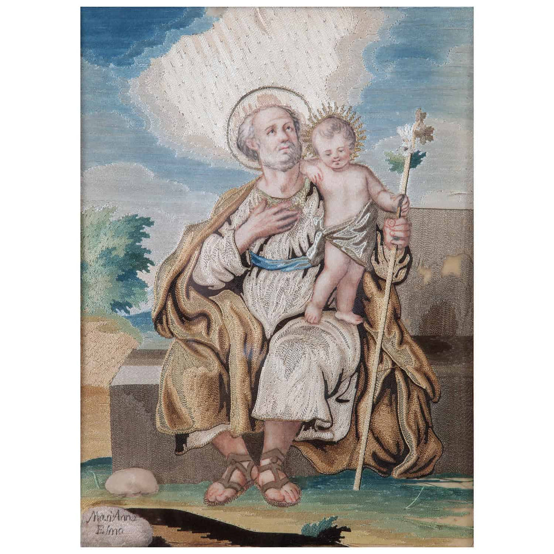 Rare silk appliqué panel depicting Saint Joseph and child Jesus by Marianna Elmo, offered by Nicholas Wells Antiques