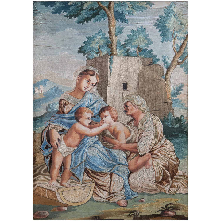 Rare 18th-century silk appliqué panel of biblical scene by Marianna Elmo, offered by Nicholas Wells Antiques