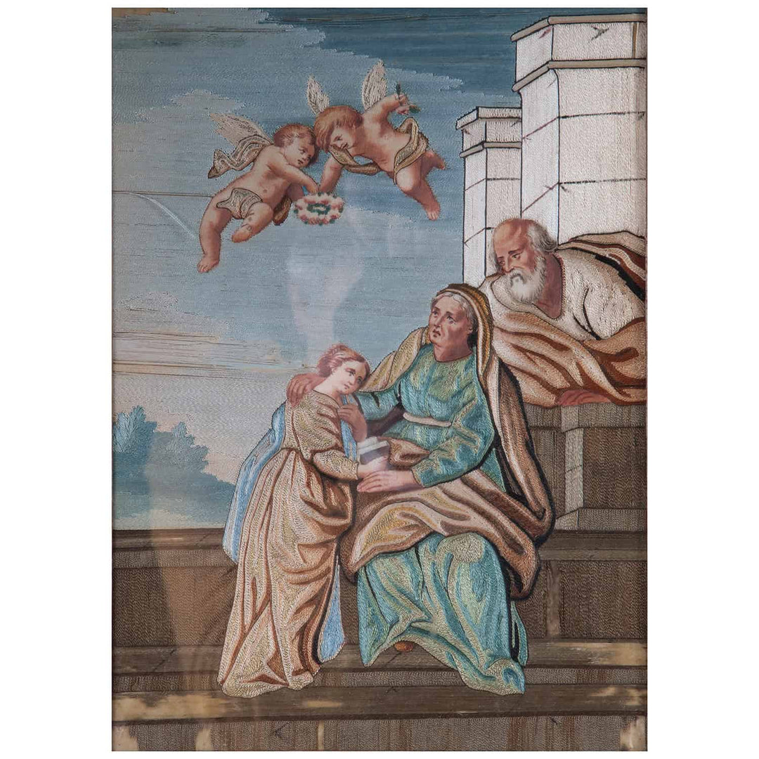Rare 18th-century silk appliqué panel by Marianna Elmo depicting biblical scene, offered by Nicholas Wells Antiques.