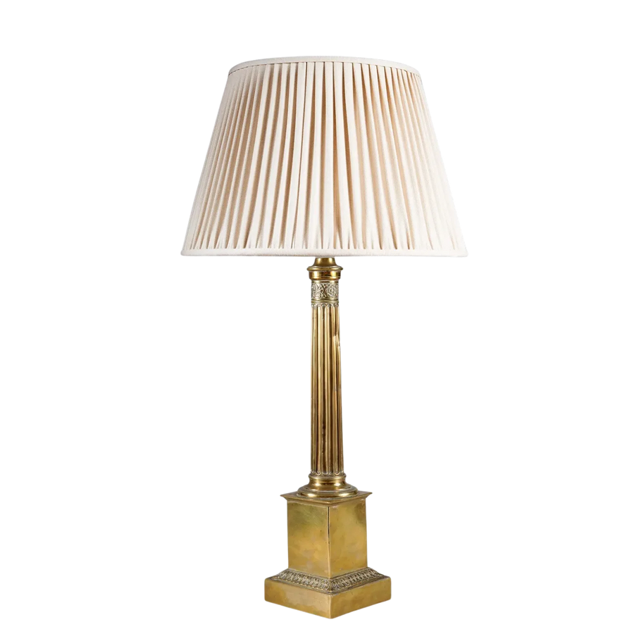 Fluted Brass Column Lamp with fluted column and stepped base, featuring foliate detail, circa 1900, France.