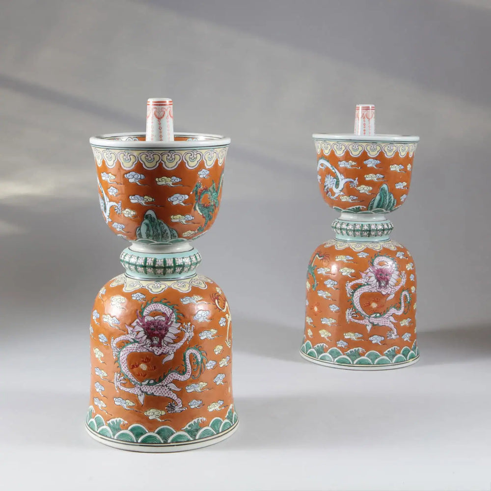 Pair of Chinese Porcelain Candlestick Stand Lamps with brown glaze and polychrome dragons, circa 1965, 36.5 cm tall.