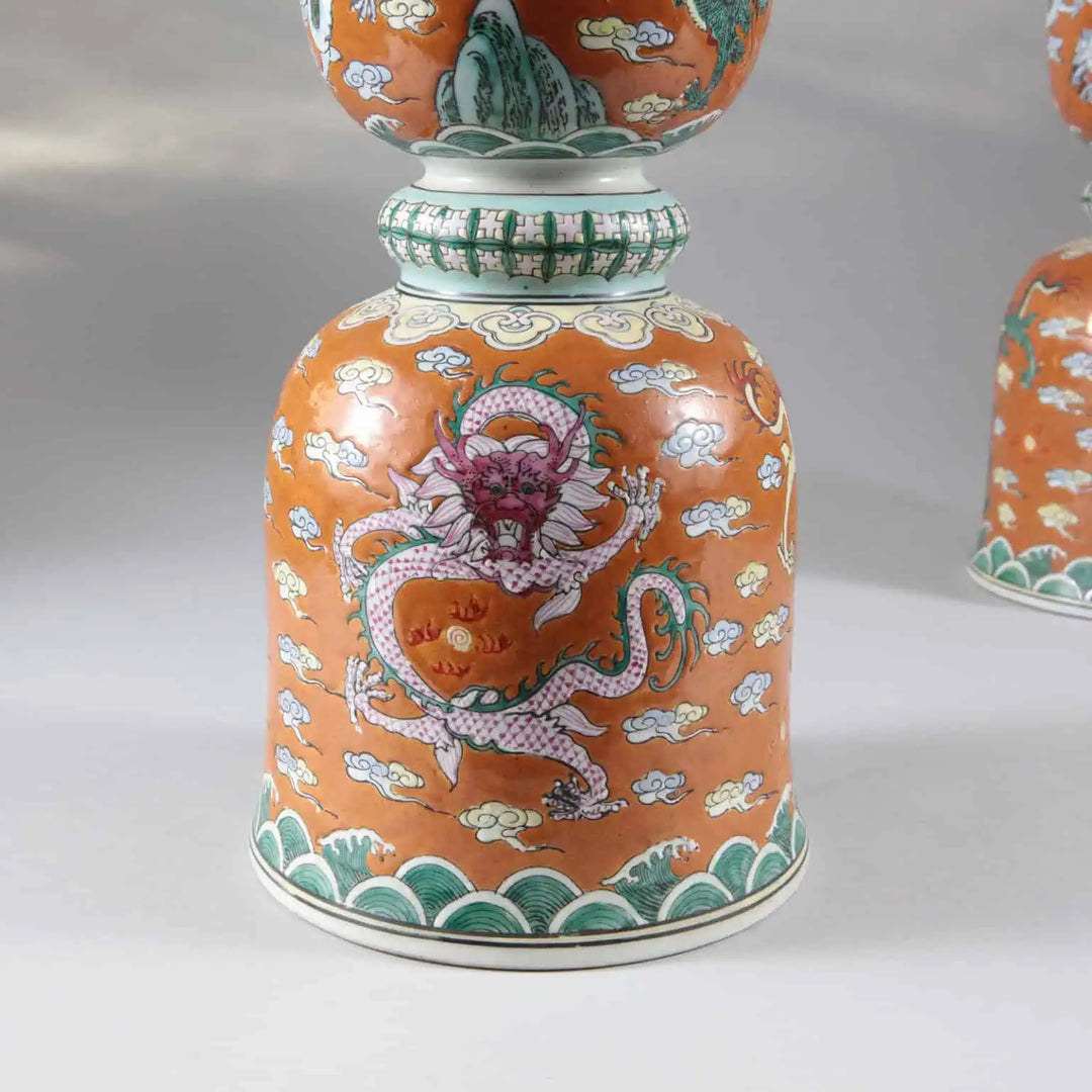 Pair of Chinese Porcelain Candlestick Stand with brown glaze and polychrome dragons, repurposed as table lamps.