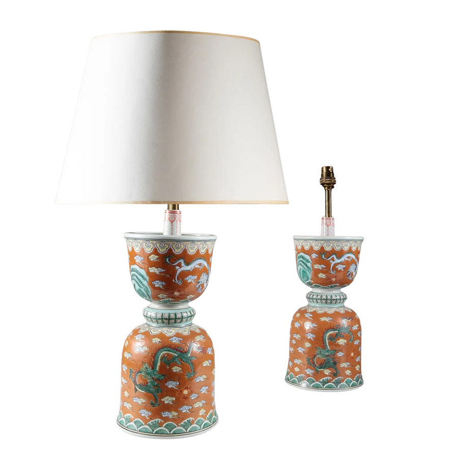Pair of Chinese Porcelain Candlestick Stand Lamps with brown glaze and polychrome dragon designs, circa 1965.