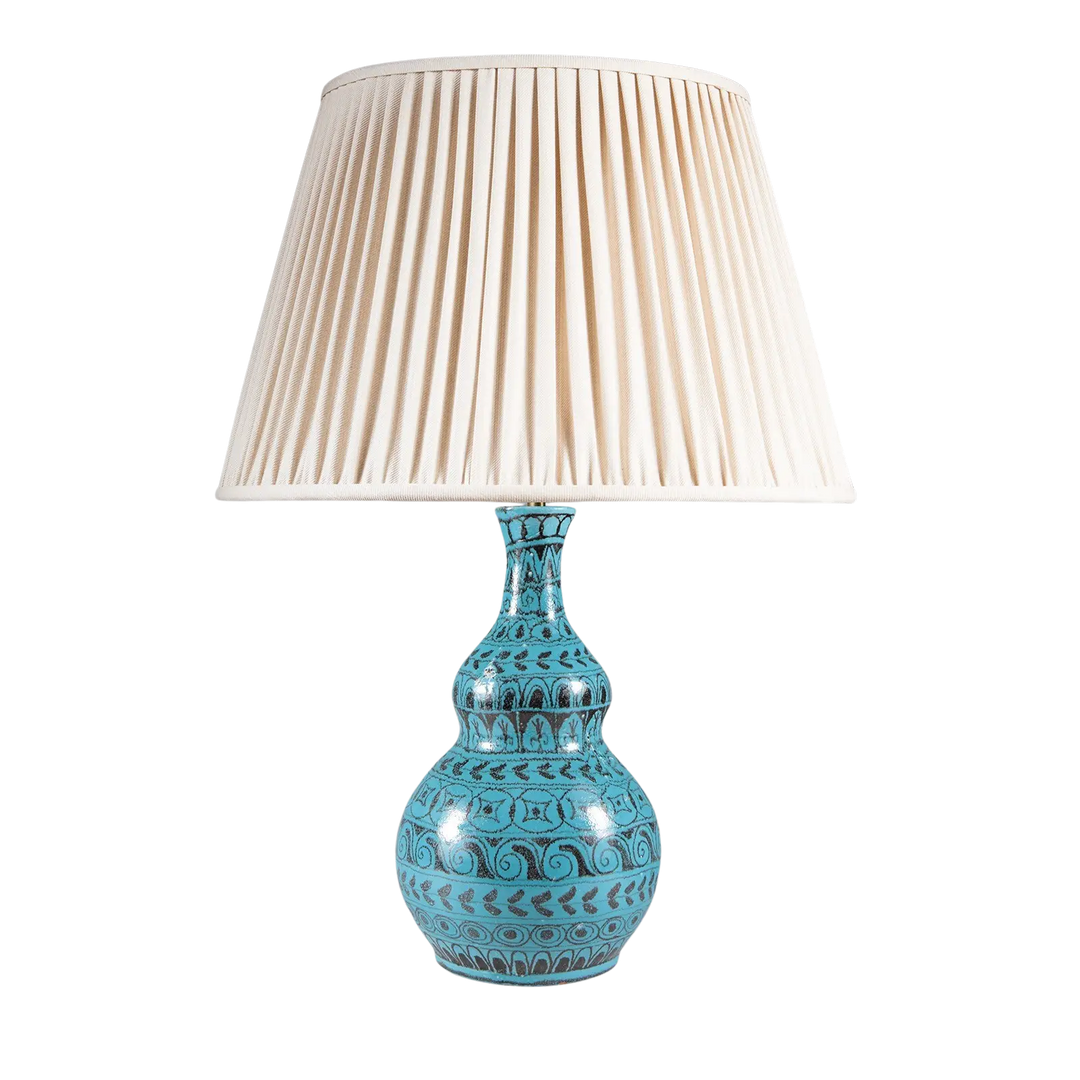 Turquoise Double Gourd Vase converted to table lamp with intricate patterns and cream pleated lampshade shown for display only