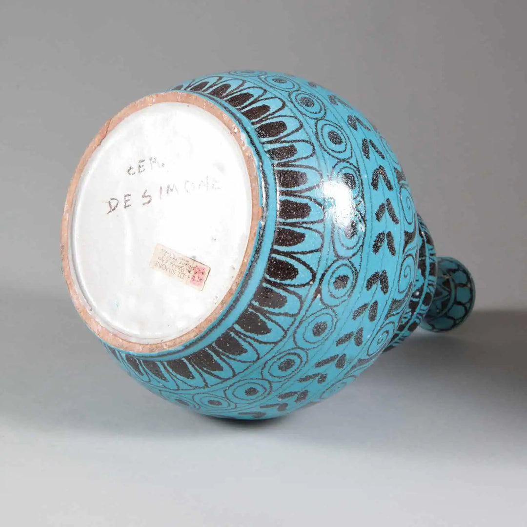 Turquoise Double Gourd Vase made in Italy with intricate black patterns, shown from the bottom side view.