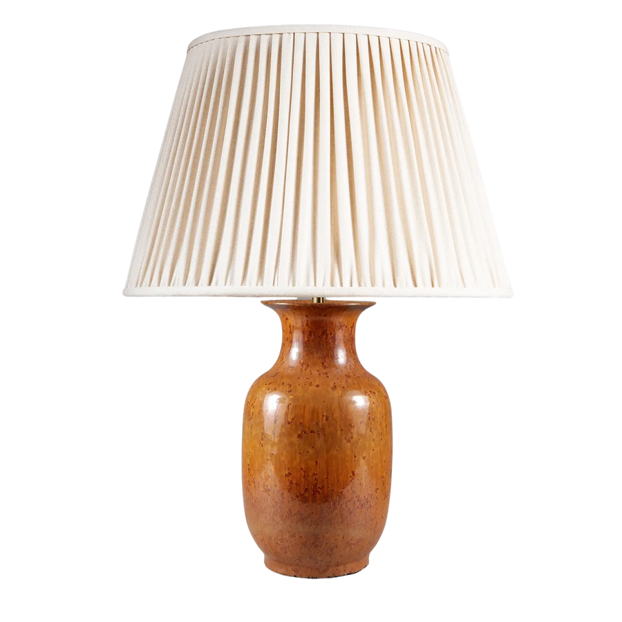 Monochrome Brown Glazed Lamp with a 33 cm height and 17 cm diameter, featuring a glossy brown ceramic base and pleated white shade.