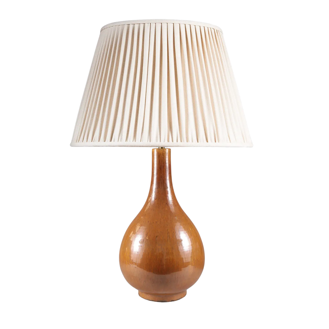 Tall Monochrome Vase Table Lamp with brown glazed porcelain base and pleated cream lampshade, 20th century design.