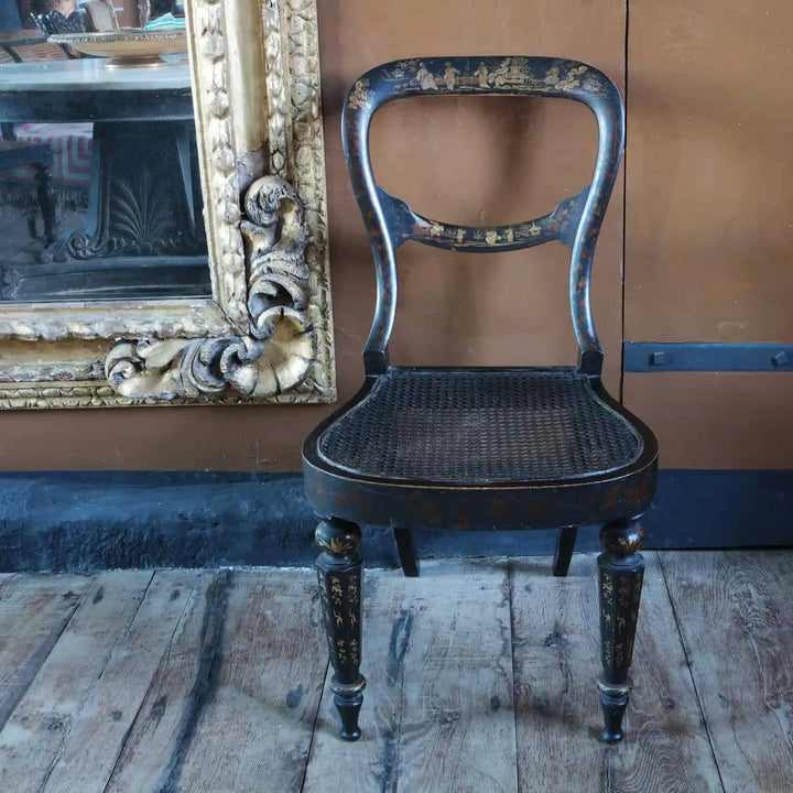 Black japanned eighteenth-century side chair with gilt chinoiserie detailing by Collection EE30