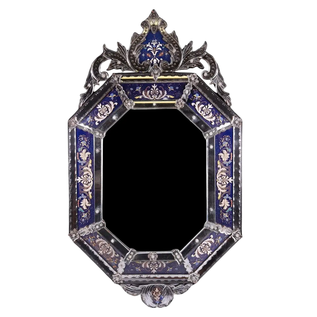 19th Century Venetian Blue Eglomise Wall Mirror with intricate blue and gold enamel detailing and ornate frame design.