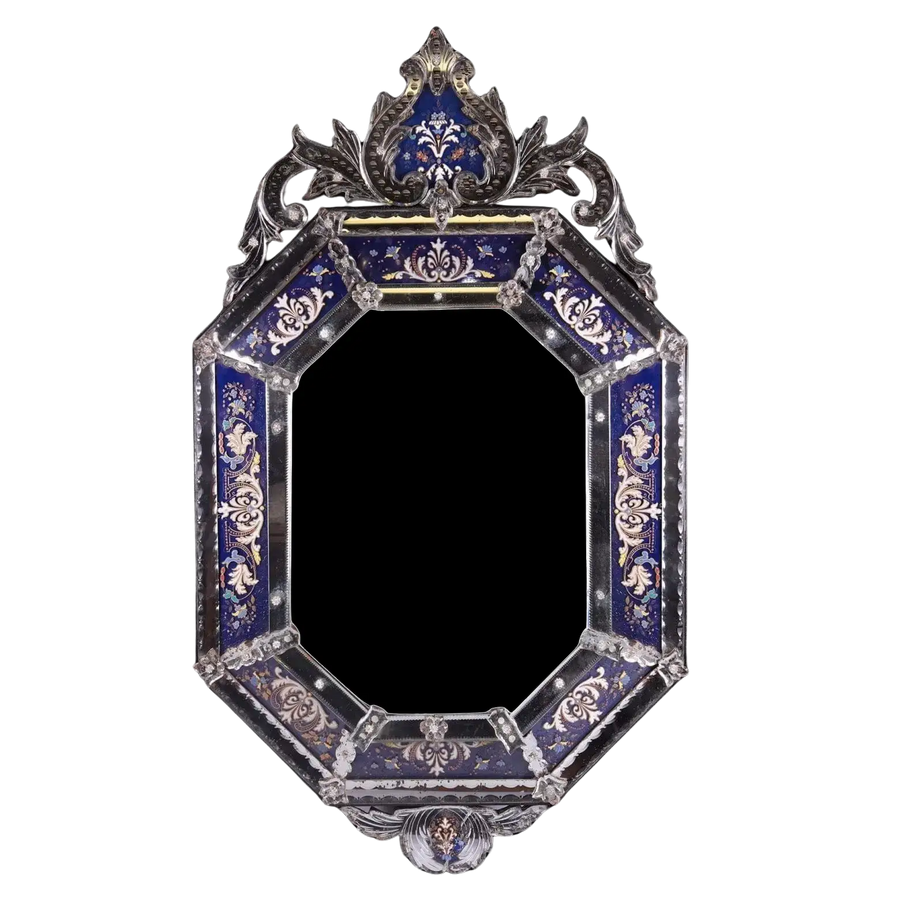 19th Century Venetian Blue Eglomise Wall Mirror with intricate blue and gold enamel detailing and ornate frame design.